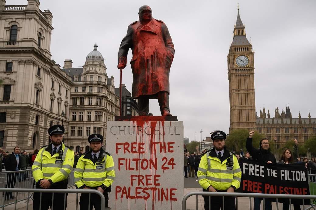 Churchill statue in London defaced with anti-Israel messages